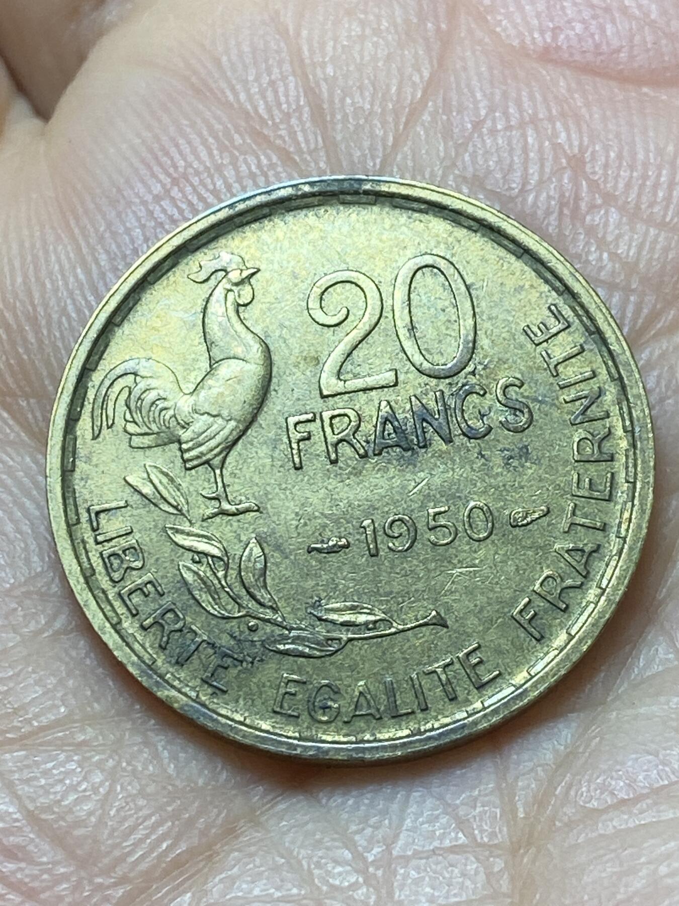 2025年第一百四十四场(总第一百七十场）品种丰富英国一线回流散币年末特拍场第一场(免佣金) 法兰西第四共和国1950年20法郎(人像后单排字，稀少4羽版)