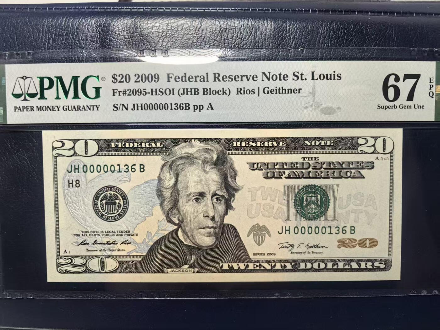 【Blue Auction】世界纸币精拍第766期——18级TOP拍卖/信誉/品质/专业/高效💫 【136小号】美国 2009年20美金 PMG67EPQ 圣路易斯版