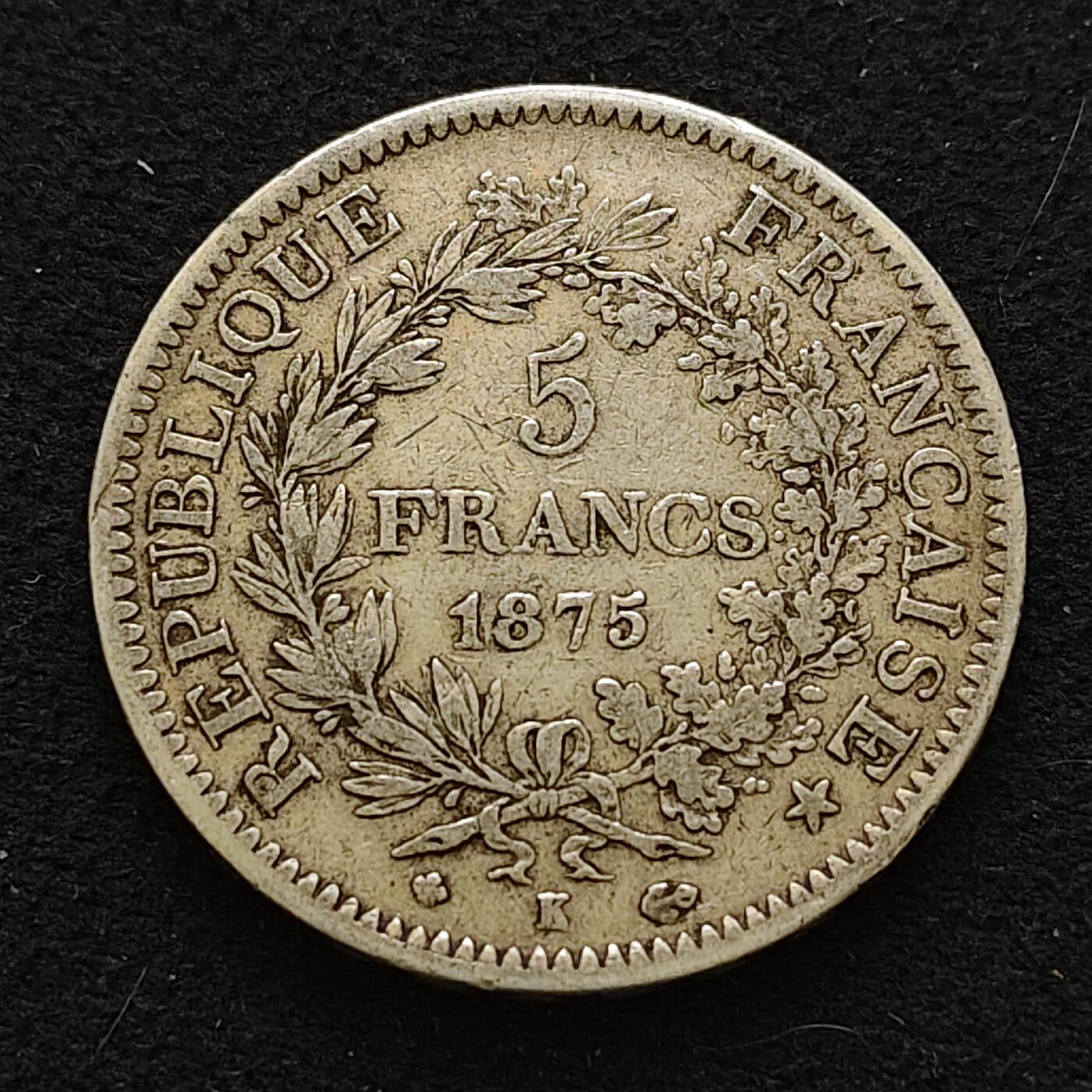 【全场包邮】纯粹捡漏拍489场（免费代拍第26场） 法国1875年K厂5法郎大力神（37毫米25克）银币