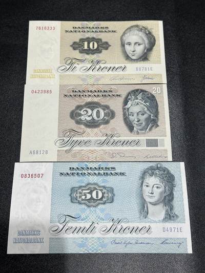 《外钞收藏家》第五百九十六期（精品大拍场）（本平台长期征集拍品、欢迎藏友们联系合作） - 丹麦绘画版10/20/50克朗（其中10克朗豹子号333，全新 50边角上有轻微荧光反应）
