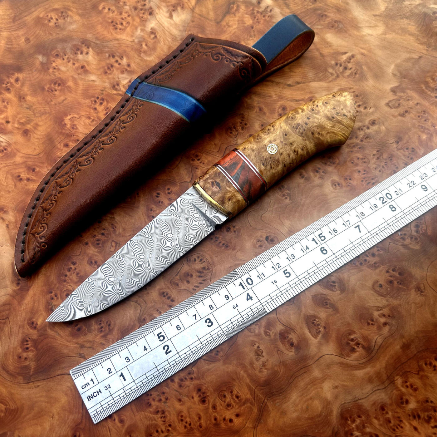 无芯大马士革钢小直,大玫瑰花纹,崖柏木手柄