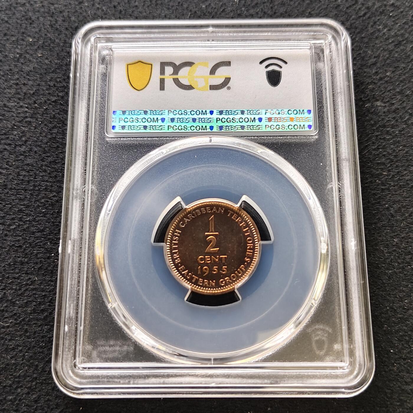 【全场包邮】纯粹捡漏拍489场（免费代拍第26场） 【收藏级·冠军分·稀少】英属加勒比领土1955年1/2分精制币-量2000-PCGS PR67 RD CAM