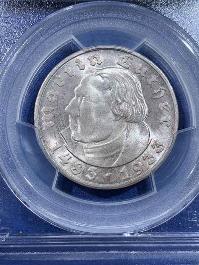 《竞宝斋》第449场 周日，周一，周二  3场连拍 （全场包邮，欢迎送拍） PCGS MS65 德国 1933年 马丁路德 5马克银币 冠军分 HA最新成交价504美元