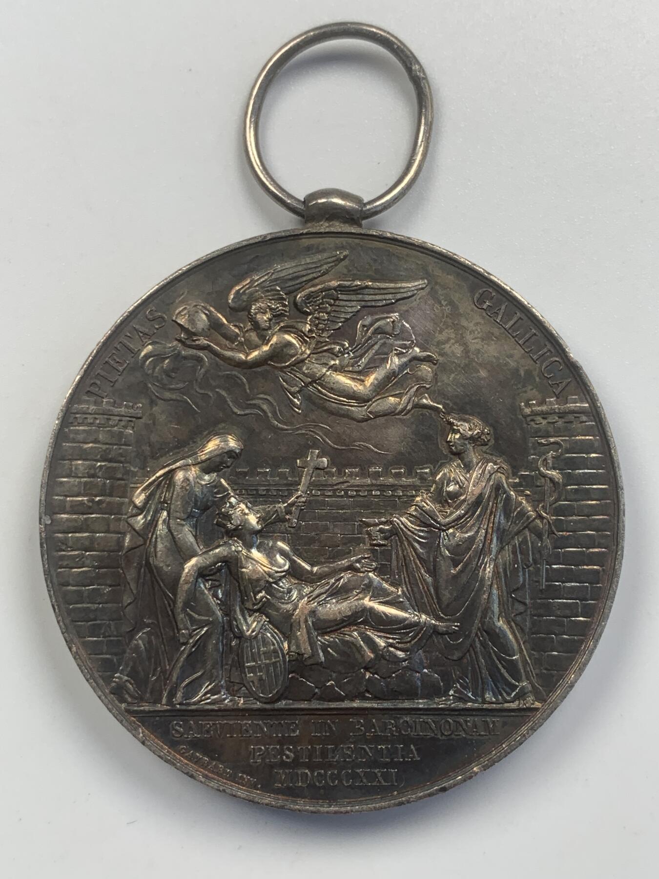 掌中浮雕-藏着的欧洲第047场 1821年法国对巴塞罗那黄热病疫情提供援助镀银铜章，47.6mm，54.6g