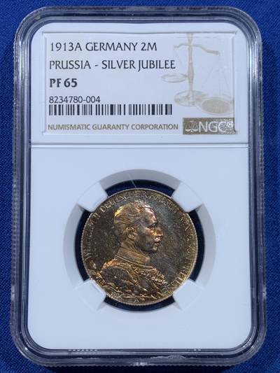 《竞宝斋》第449场 周日，周一，周二  3场连拍 （全场包邮，欢迎送拍） NGC PF65 德国普鲁士 1913年 威廉二世 精制2马克银币，包浆十分优美