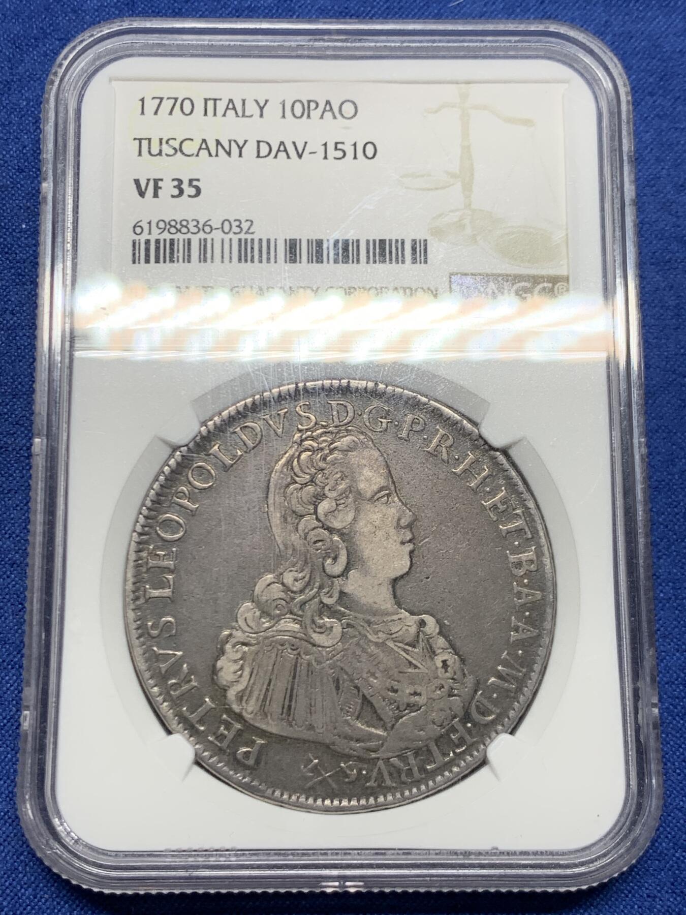 《竞宝斋》第449场 周日，周一，周二  3场连拍 （全场包邮，欢迎送拍） NGC VF35 意大利托斯卡纳大公国1770年彼得·利奥波德1弗朗西斯康银币 917银 重量27.4克 稀少品种 季军分 更高分仅两枚