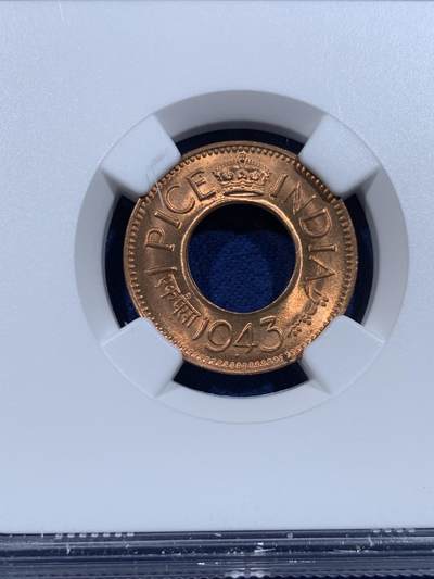 《竞宝斋》第449场 周日，周一，周二  3场连拍 （全场包邮，欢迎送拍） NGC MS67RD 英属印度 1943年 1PICE 中孔铜币 冠军分