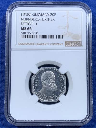 《竞宝斋》第449场 周日，周一，周二  3场连拍 （全场包邮，欢迎送拍） - NGC MS66 德国1920年紧急状态时期纽伦堡20芬尼 人物系列八角代币 好久没见到了 季军分