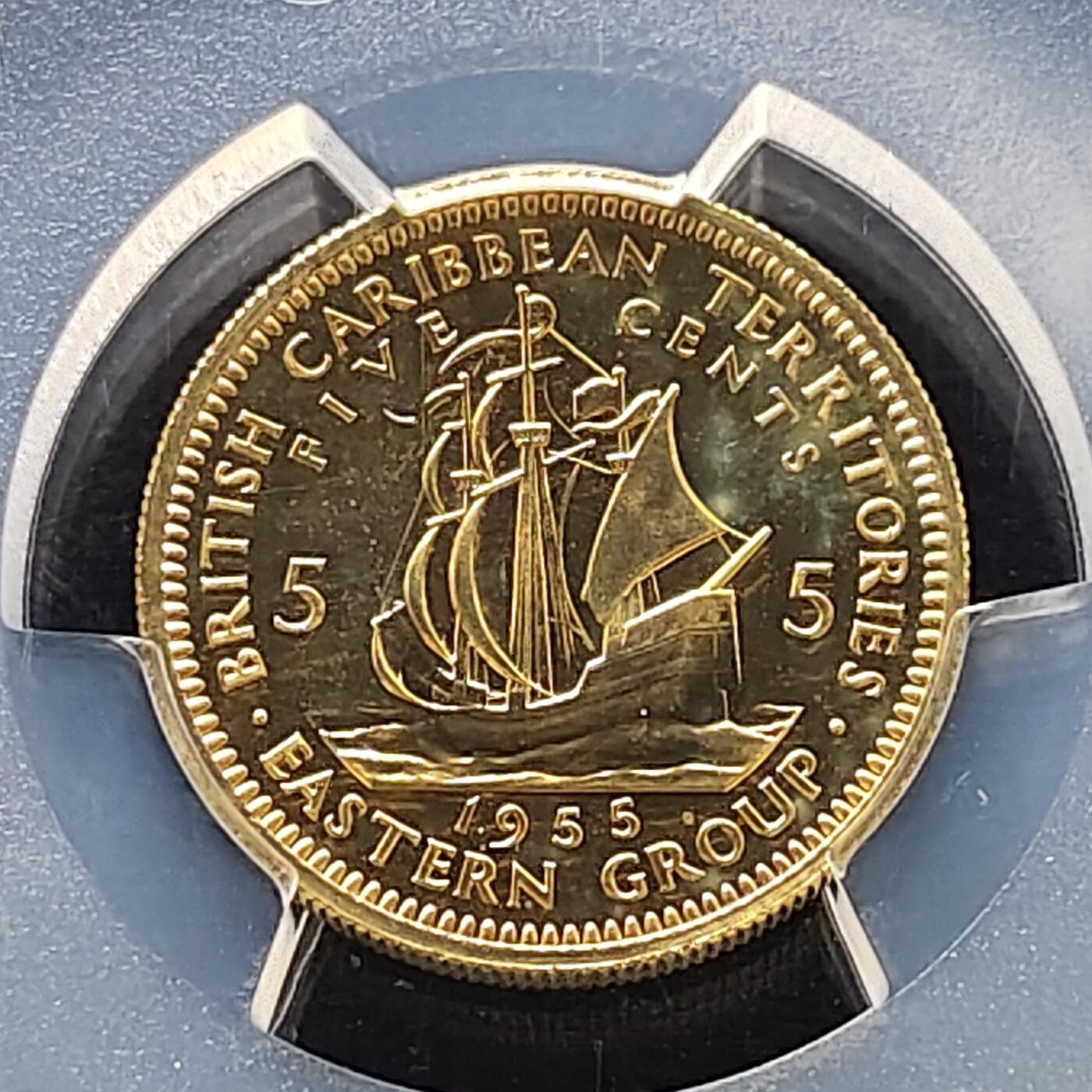 【全场包邮】纯粹捡漏拍489场（免费代拍第26场） 【收藏级·冠军分·稀少】英属加勒比领土1955年5分精制币-量2000-PCGS PR67 CAM