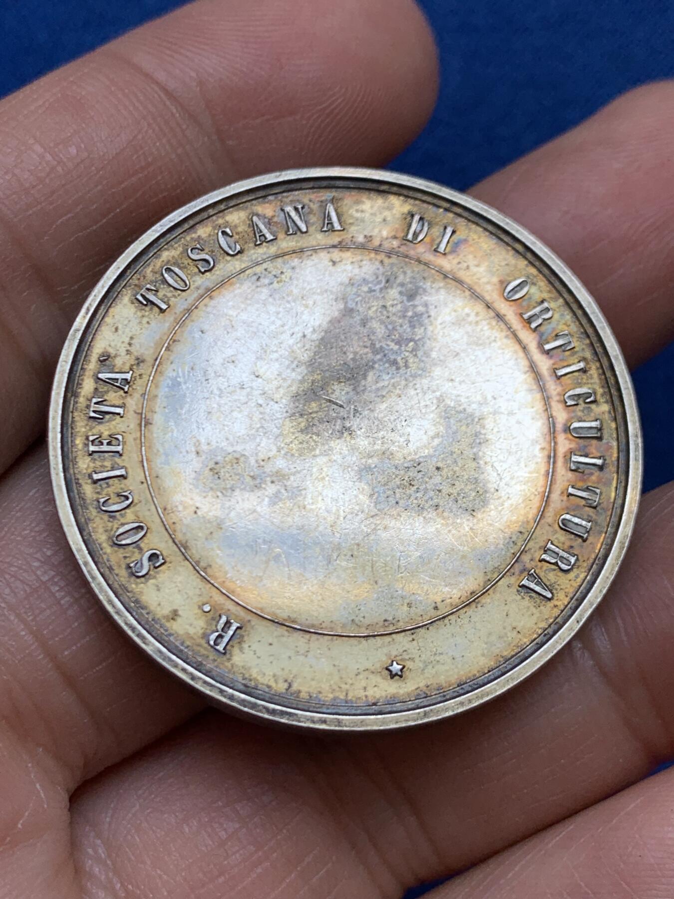 《竞宝斋》第449场 周日，周一，周二  3场连拍 （全场包邮，欢迎送拍） 意大利托斯卡纳园艺学会银章，荣耀归于田野与花园，极美高浮雕，24.15克，37.5mm