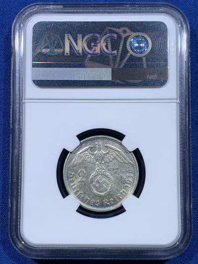 《竞宝斋》第449场 周日，周一，周二  3场连拍 （全场包邮，欢迎送拍） NGC MS62 德国1938B兴登堡2马克银币，原光好品