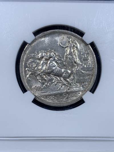 《竞宝斋》第449场 周日，周一，周二  3场连拍 （全场包邮，欢迎送拍） NGC MS61 意大利1916年2里拉马车银币