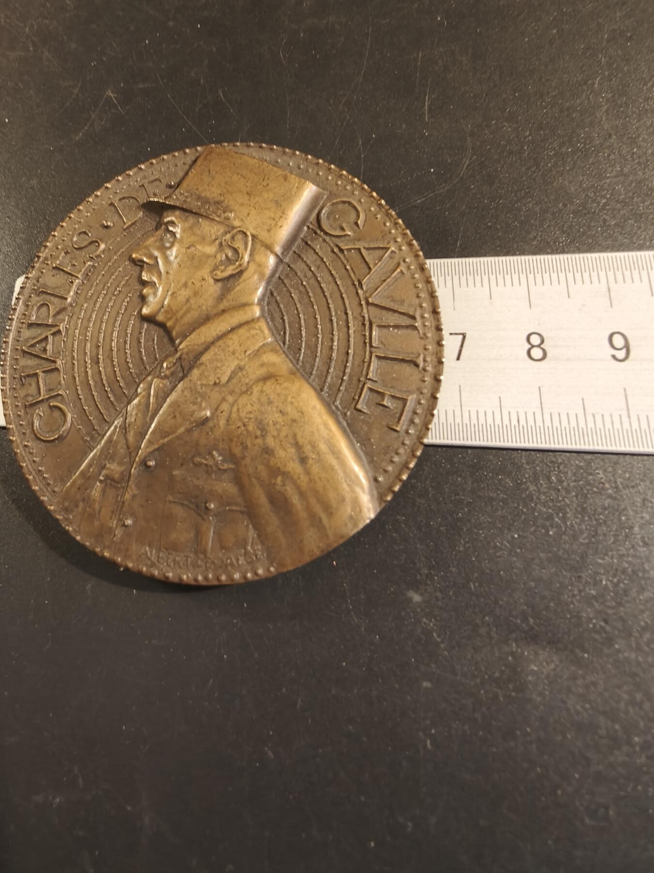 老王徽章第171期 法国临时政府总统戴高乐将军大铜章     高浮雕    原盒     直径68mm     重量164.5g       背面引用名言:法国输掉了一场战役，但法国没有输掉这场战争