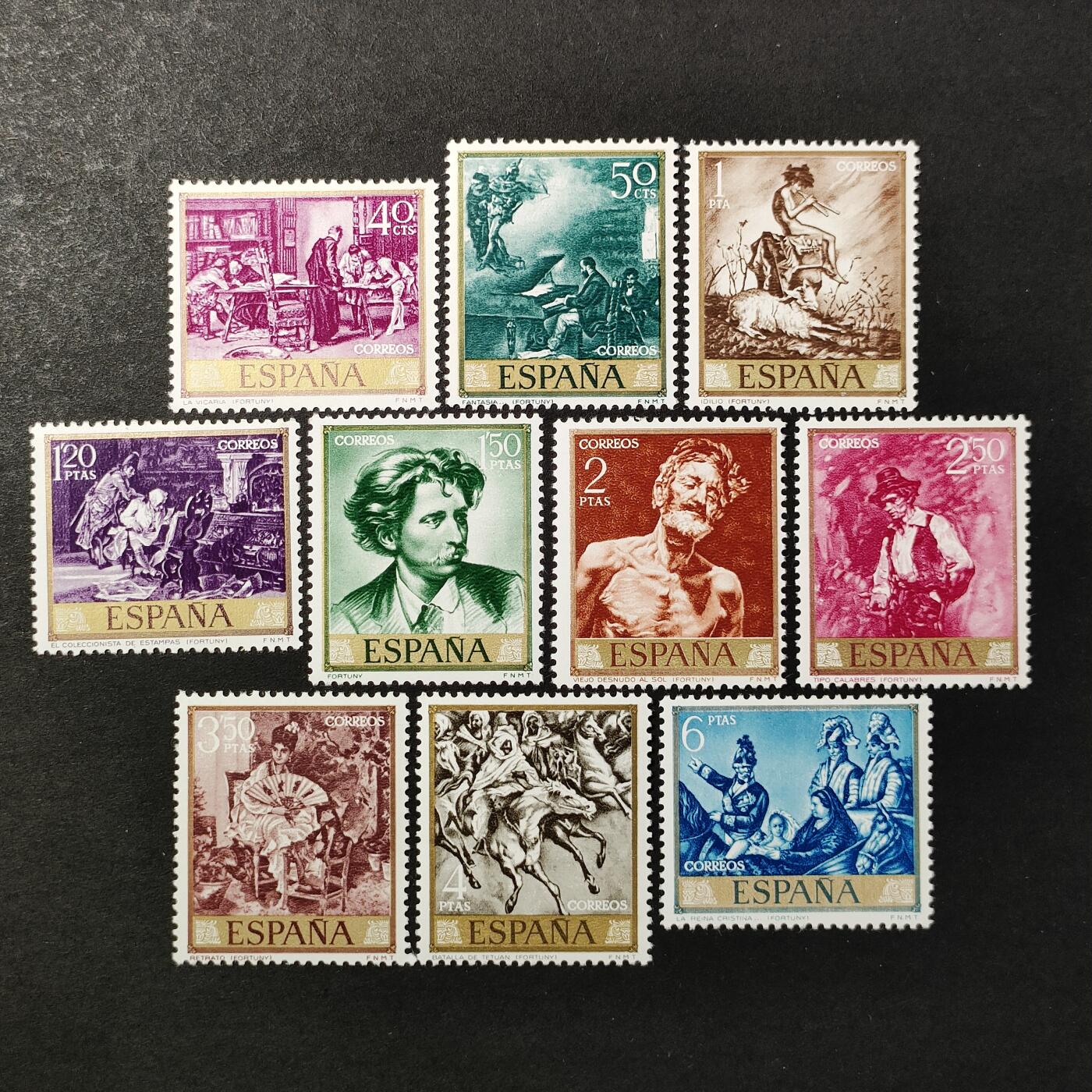 ↓君缘收藏688期☞钱币邮品↓无佣金、可寄存、满30元包邮  西班牙邮票，1968年马里亚诺·福图尼绘画作品邮票10全