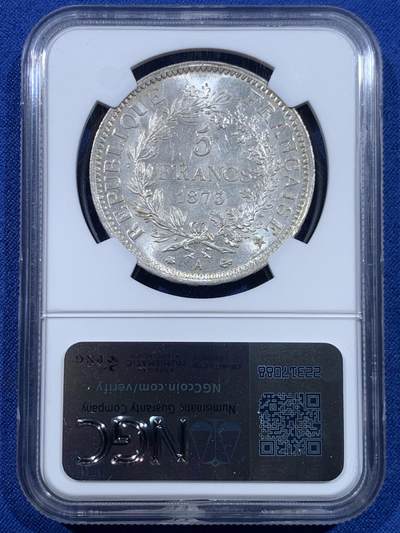 《竞宝斋》第449场 周日，周一，周二  3场连拍 （全场包邮，欢迎送拍） NGC MS63 法国1873年A版大力神5法郎银币 转光底板 极具观赏价值 收藏一步到位的不二之选 性价比分数