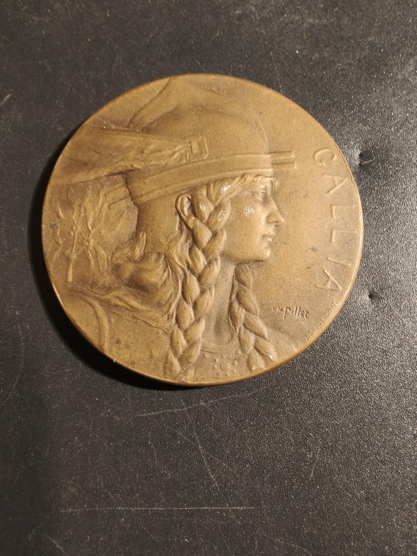老王徽章第171期 法国百达翡丽1927年学徒竞赛展览大铜章    正面为高卢人，大师皮列作品      直径48mm     重量42.4g