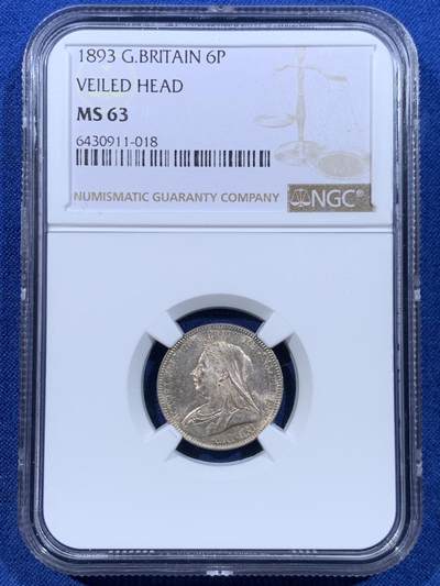 《竞宝斋》第449场 周日，周一，周二  3场连拍 （全场包邮，欢迎送拍） - NGC MS63 英国 1893年 维多利亚 批纱版 6便士 银币 淡彩包浆 SIX版 难得