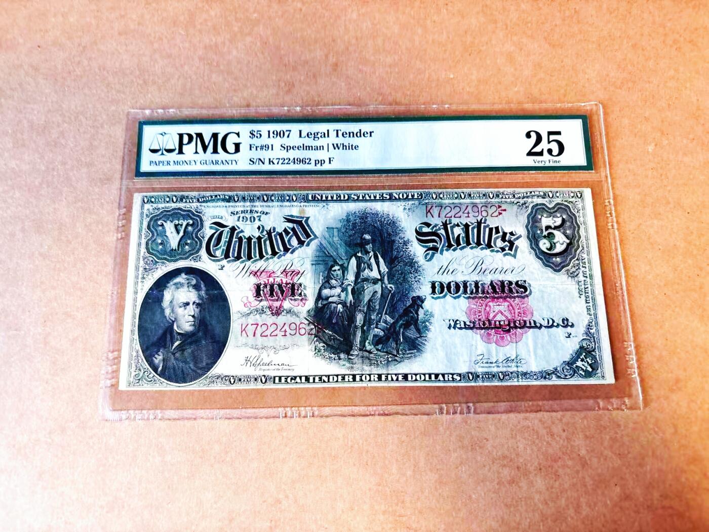 【Blue Auction】世界纸币精拍第766期——18级TOP拍卖/信誉/品质/专业/高效💫 美国 1907年5美金 伐木工 PMG25