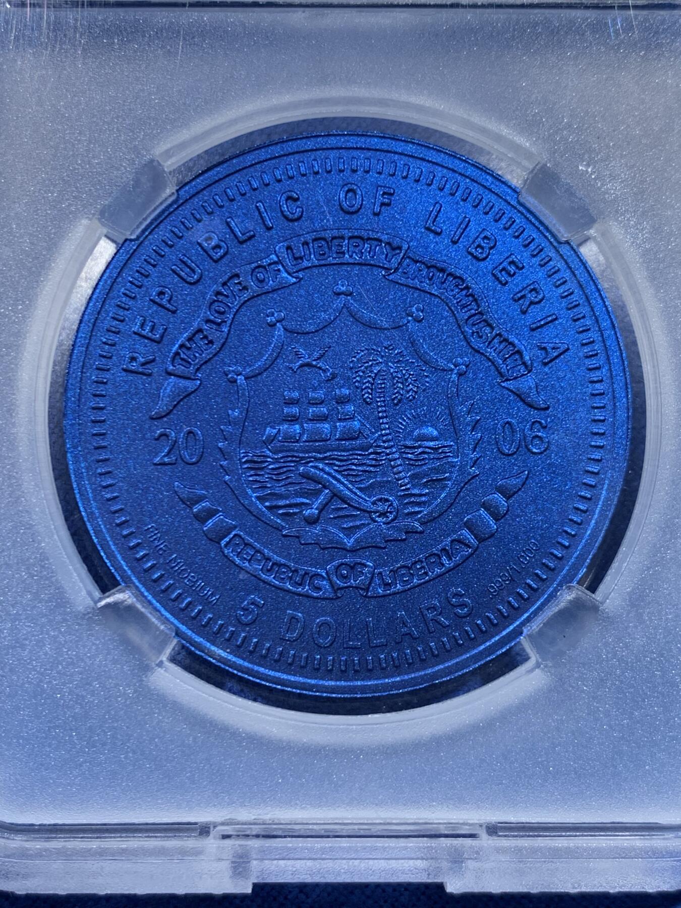 《竞宝斋》第449场 周日，周一，周二  3场连拍 （全场包邮，欢迎送拍） TQG MS69 利比里亚2006年欧元10周年纪念-斯洛文尼亚5元蓝铌币 7.78克 发行量：1万