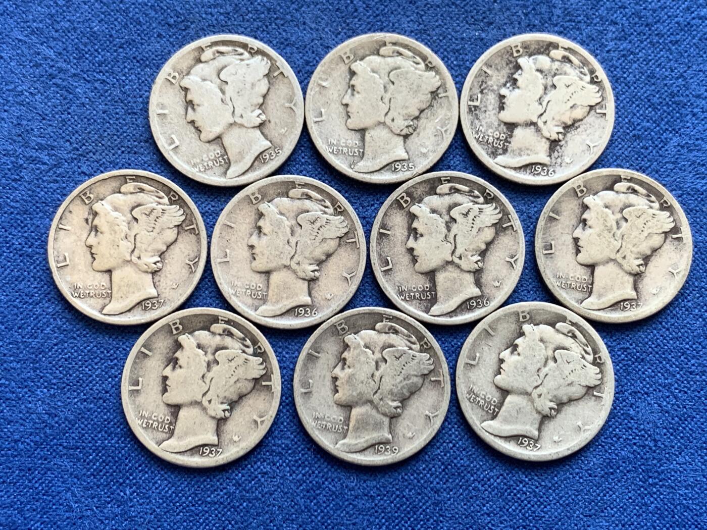 《竞宝斋》第449场 周日，周一，周二  3场连拍 （全场包邮，欢迎送拍） 10枚一组 美国1935-1939年小飞侠10分银币 总重24克 900银