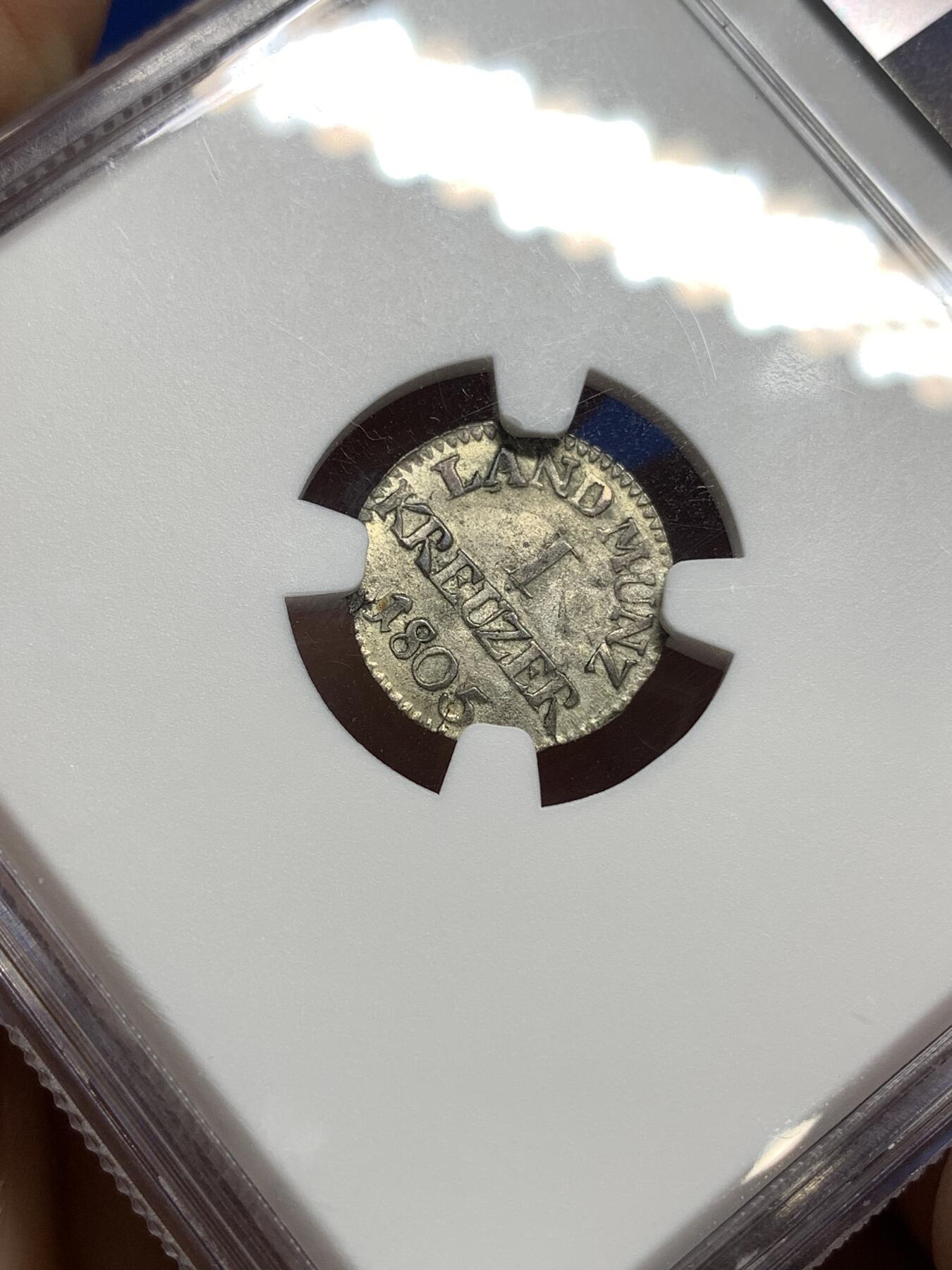 《竞宝斋》第449场 周日，周一，周二  3场连拍 （全场包邮，欢迎送拍） NGC MS63 德国 1805年 黑塞达姆斯特伯爵领1K银币，冠军分，非常稀有！60分的评估价都要140美元。