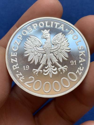 《竞宝斋》第449场 周日，周一，周二  3场连拍 （全场包邮，欢迎送拍） 波兰1991年纪念1992年第二十五届奥运会巴塞罗那-帆船20万兹罗提精制大银币，925银，重量31.1g，直径40mm