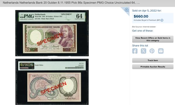 【Blue Auction】世界纸币精拍第766期——18级TOP拍卖/信誉/品质/专业/高效💫 【仅2张更高分 试色样钞】荷兰1955年20盾 经典毒蛇 PMG64（相较于普通版本，饱和度、对比度更优，尤其是赫尔曼·布尔哈夫肖像的紫色调区域，且没有普通样钞编号，这种刷色在只有个位数记录的样钞里面也比较难得）（常见样钞多针孔及装帧胶印，针孔普通样钞曾拍出660美金）