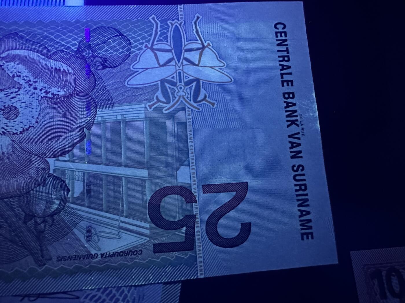 《外钞收藏家》第五百九十六期（精品大拍场）（本平台长期征集拍品、欢迎藏友们联系合作） 苏里南2000年鸟版5/10/25/100/1000盾5张一起（全新，有一张有轻微荧光反应，实物精美）