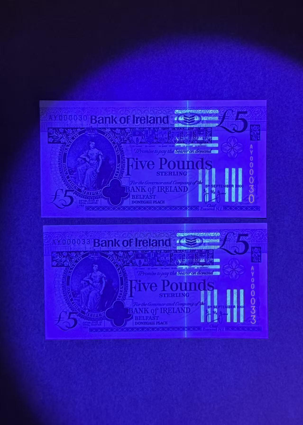 【Blue Auction】世界纸币精拍第766期——18级TOP拍卖/信誉/品质/专业/高效💫  【一组2张30&33小号】爱尔兰 2000年5镑 全新UNC