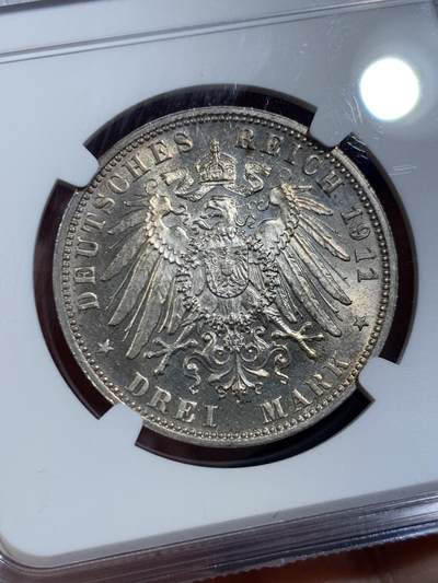 《竞宝斋》第449场 周日，周一，周二  3场连拍 （全场包邮，欢迎送拍） NGC MS62 德国1911年巴伐利亚柳特波德3马克银币