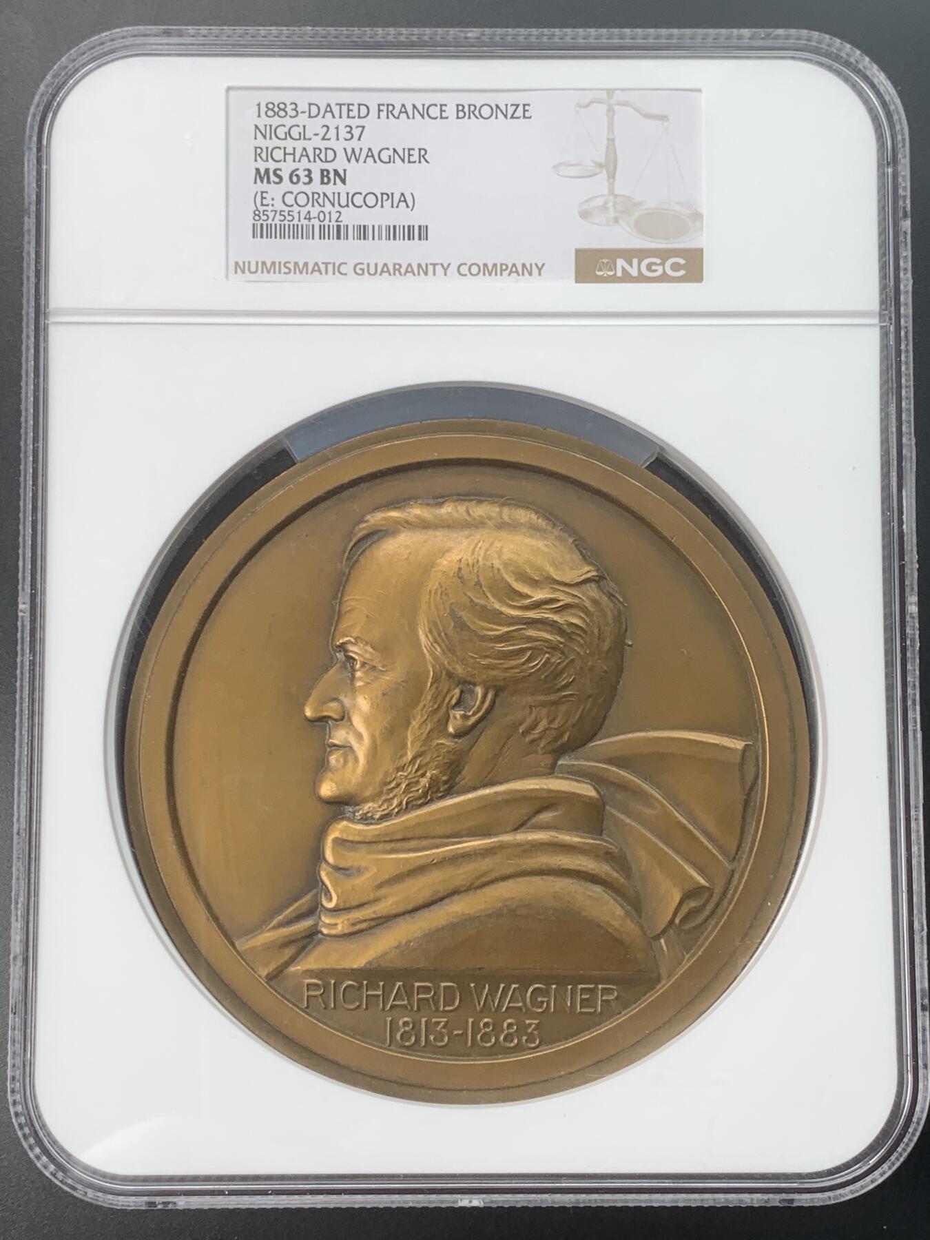 掌中浮雕-藏着的欧洲第047场 NGC MS63 : 1883年德国作曲家瓦格纳纪念铜章  ，114mm，NGC 超大盒子