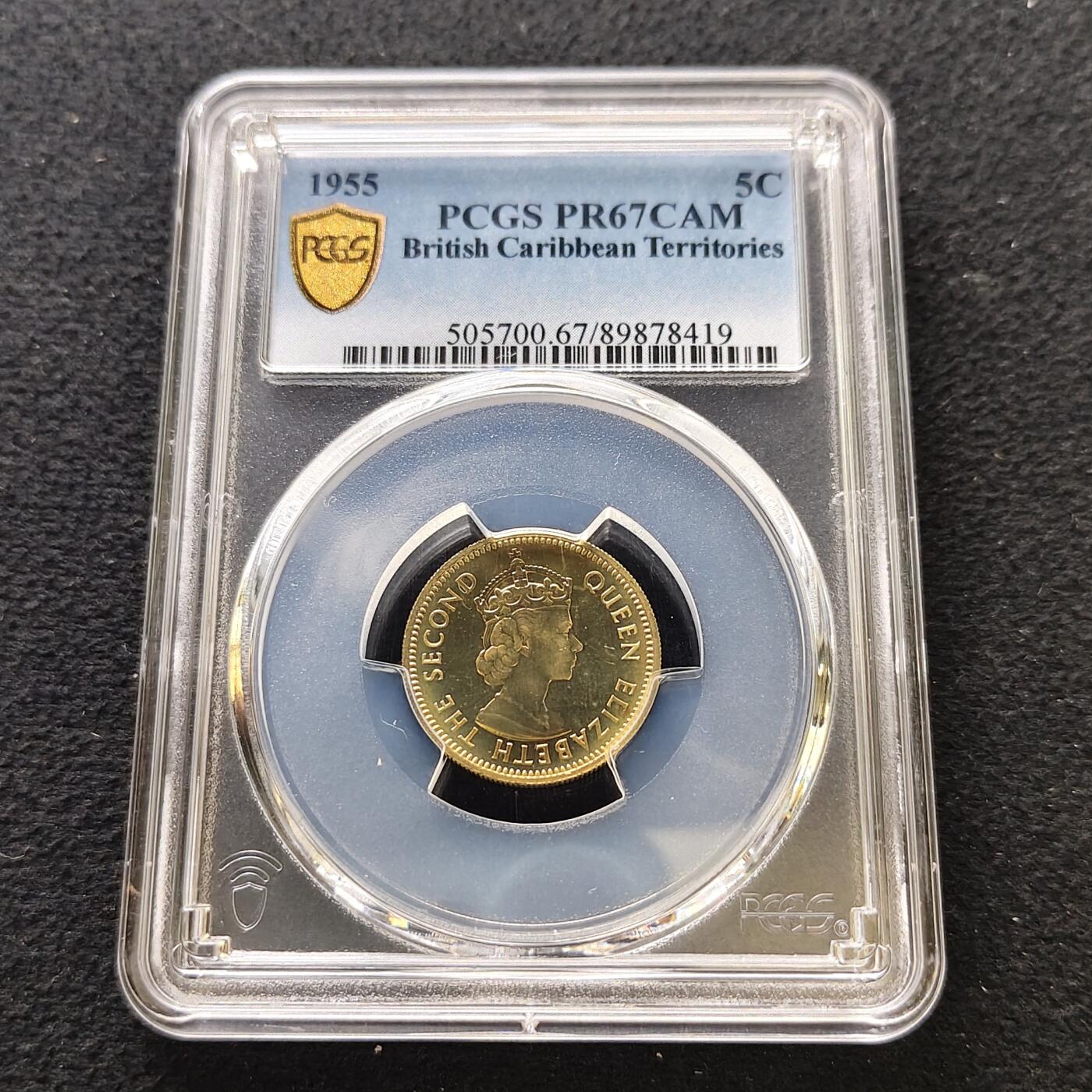 【全场包邮】纯粹捡漏拍489场（免费代拍第26场） 【收藏级·冠军分·稀少】英属加勒比领土1955年5分精制币-量2000-PCGS PR67 CAM