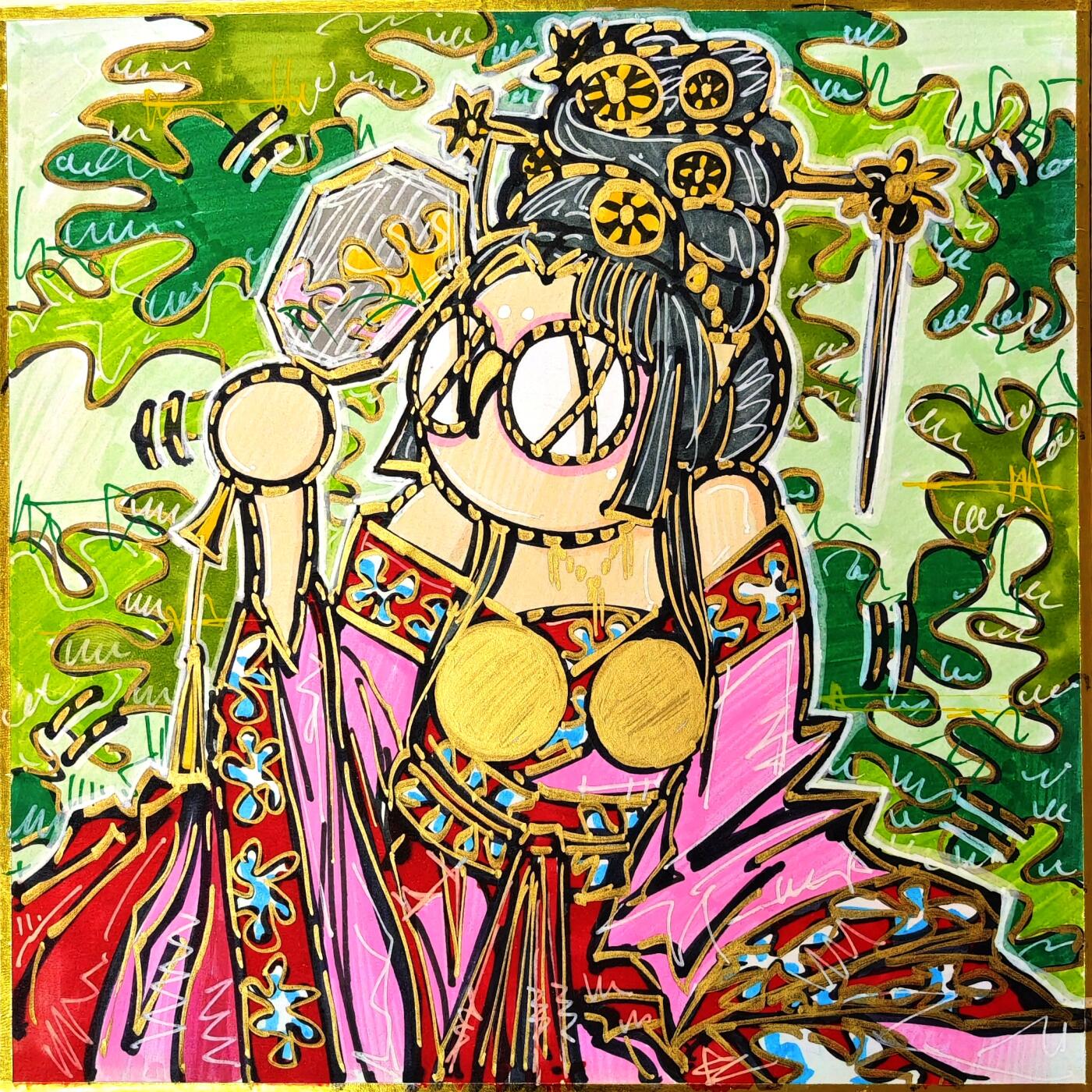 白泽拍卖卡牌手绘专场第30期（白金之夜 跨年大拍） 2021 waiwai手绘色纸 荷下美人 尺寸：17.8cm*17.8cm  waiwai亲签