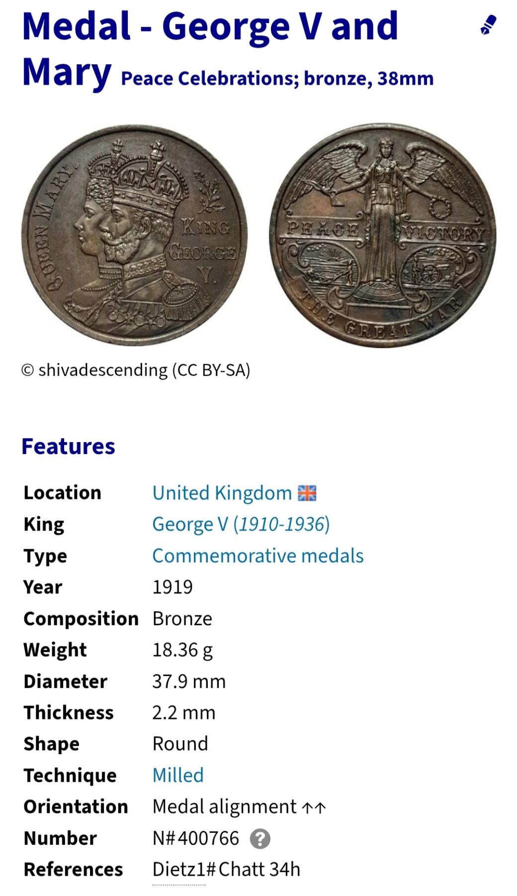 2025年第一百四十四场(总第一百七十场）品种丰富英国一线回流散币年末特拍场第一场(免佣金) 精美无瑕疵–英国🇬🇧1919年纪念章，青铜材质，直径38.3毫米，厚2.1毫米，重19.86克(1919年庆祝第一次世界大战胜利纪念章)