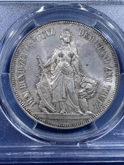 《竞宝斋》第449场 周日，周一，周二  3场连拍 （全场包邮，欢迎送拍） PCGS MS63 瑞士 1885年 射击节5法郎银 淡彩包浆 状态很好