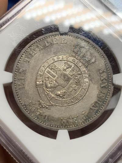 《竞宝斋》第449场 周日，周一，周二  3场连拍 （全场包邮，欢迎送拍） NGC MS63 德国 1870 梅克伦堡-施特雷利茨 1泰勒银币 PL底板 包浆很不错