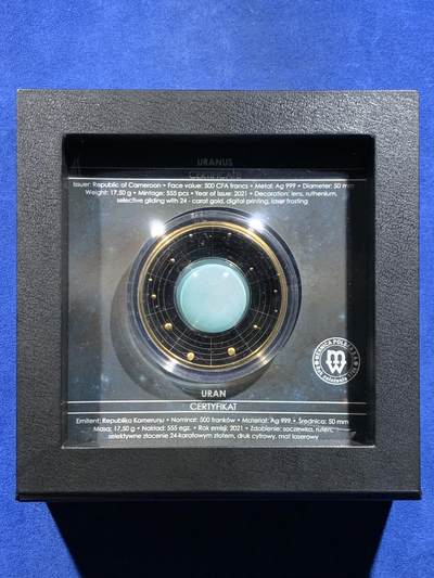 《竞宝斋》第449场 周日，周一，周二  3场连拍 （全场包邮，欢迎送拍） - 喀麦隆2021年500法郎彩色立体镀铑银币 太阳系行星-天王星 17.5克999银 发行量555枚 盒证全