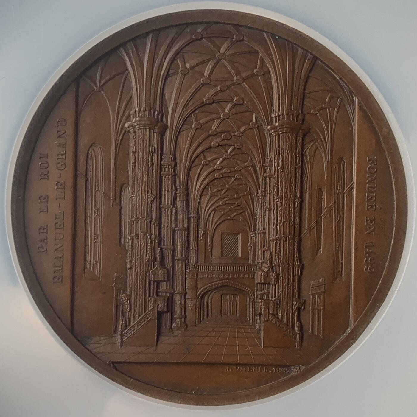 掌中浮雕-藏着的欧洲第047场 NGC MS63 : 1867年葡萄牙贝伦修道院铜章，59mm，大师维纳作品