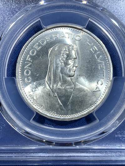 《竞宝斋》第449场 周日，周一，周二  3场连拍 （全场包邮，欢迎送拍） PCGS MS62 瑞士1966年威廉退尔5法郎银币，车轮光状态！明显低评