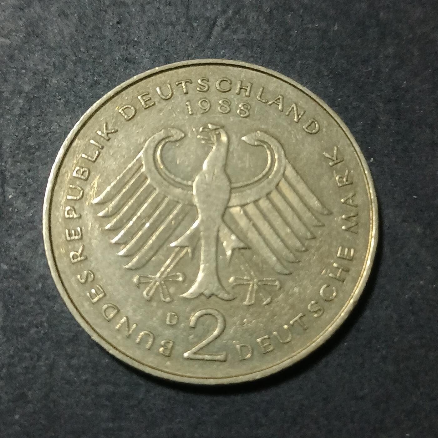 【游宝包邮场】蛇年第101期 世界各国纪念币 德国-2马克 1988年 路德维希·艾哈德(Ludwig Erhard)