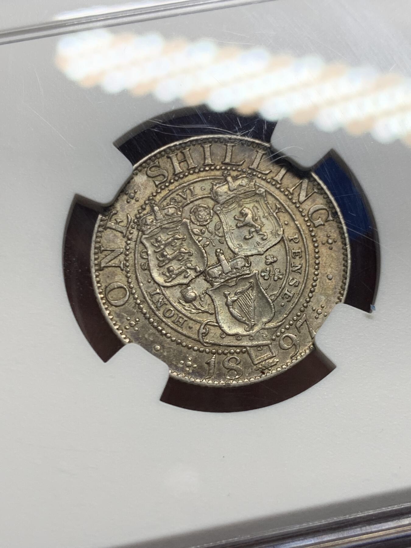 《竞宝斋》第449场 周日，周一，周二  3场连拍 （全场包邮，欢迎送拍） NGC AU55  英国1897年 维多利亚披纱1先令银币