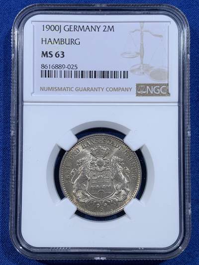 《竞宝斋》第449场 周日，周一，周二  3场连拍 （全场包邮，欢迎送拍） - NGC MS63 德国 1900年 汉堡双狮长翅2马克银币