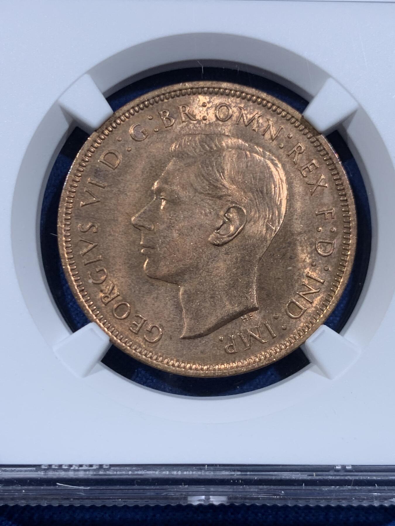 《竞宝斋》第449场 周日，周一，周二  3场连拍 （全场包邮，欢迎送拍） NGC MS64RB 英国乔治六世1938年一便士铜币，极美原铜光，好品难觅，64的分数足以自藏了