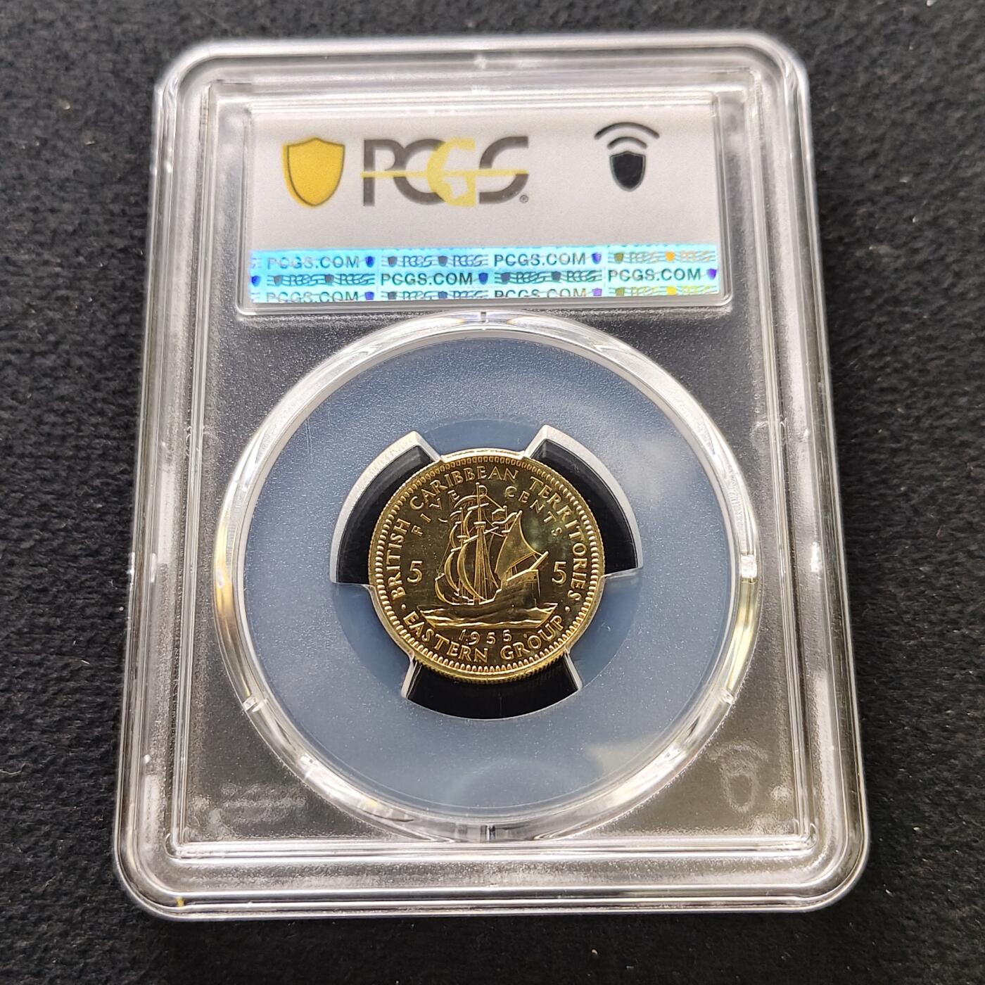 【全场包邮】纯粹捡漏拍489场（免费代拍第26场） 【收藏级·冠军分·稀少】英属加勒比领土1955年5分精制币-量2000-PCGS PR67 CAM