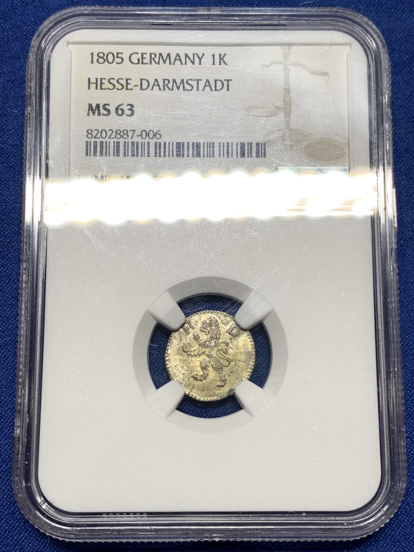 《竞宝斋》第449场 周日，周一，周二  3场连拍 （全场包邮，欢迎送拍） NGC MS63 德国 1805年 黑塞达姆斯特伯爵领1K银币，冠军分，非常稀有！60分的评估价都要140美元。