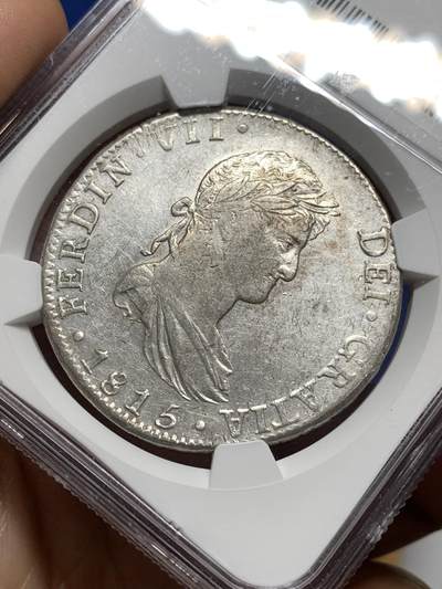 《竞宝斋》第449场 周日，周一，周二  3场连拍 （全场包邮，欢迎送拍） NGC AU55 西属墨西哥1815年斐迪南七世8里亚尔双柱银币