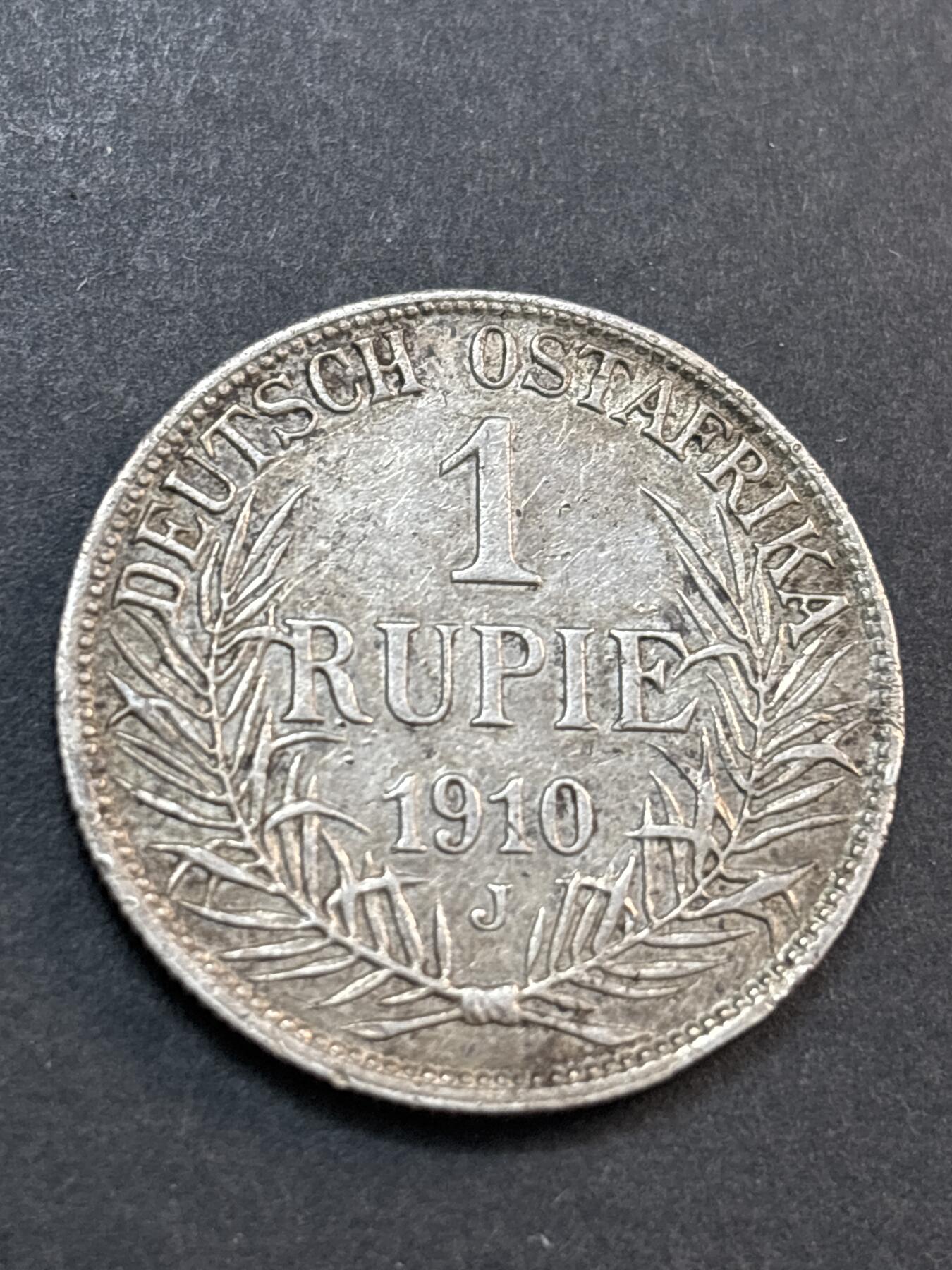 文馨钱币收藏第 286 场，圣诞节专场【 长期接收代拍品低至 0 佣金】 极美品 1910 年德属东非 1 卢比银币