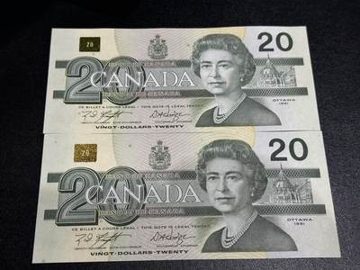 《外钞收藏家》第五百九十六期（精品大拍场）（本平台长期征集拍品、欢迎藏友们联系合作） - 加拿大1991年鸟版20元两张连号（有细微的针孔，有软折）
