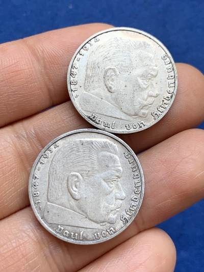 《竞宝斋》第449场 周日，周一，周二  3场连拍 （全场包邮，欢迎送拍） - 两枚一组 德国 1937年 帝国2马克 银币 A厂与J厂