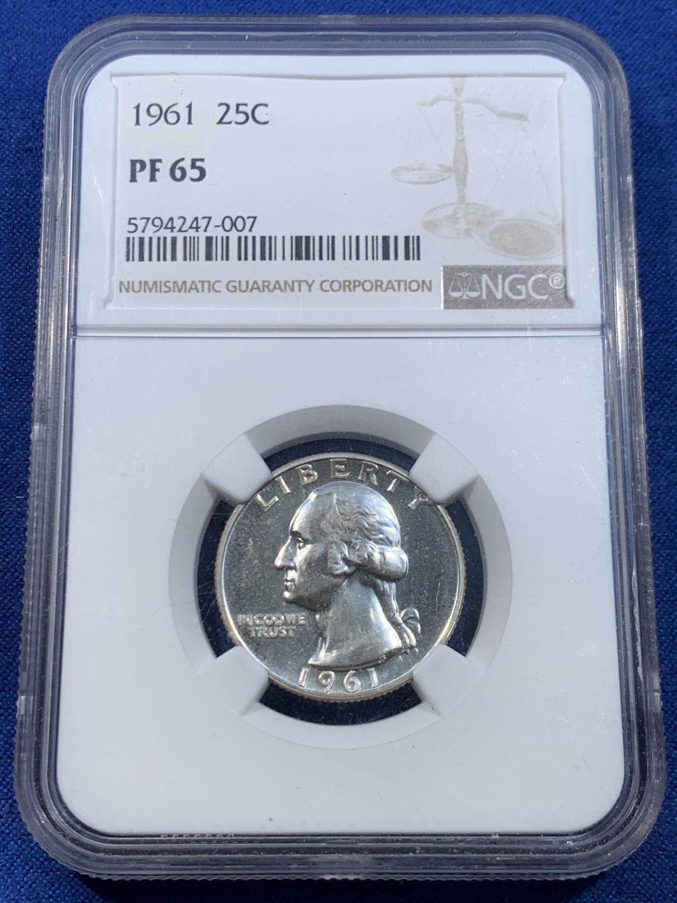 《竞宝斋》第449场 周日，周一，周二  3场连拍 （全场包邮，欢迎送拍） NGC PF65 美国1961年25美分 银价高涨 值得入手